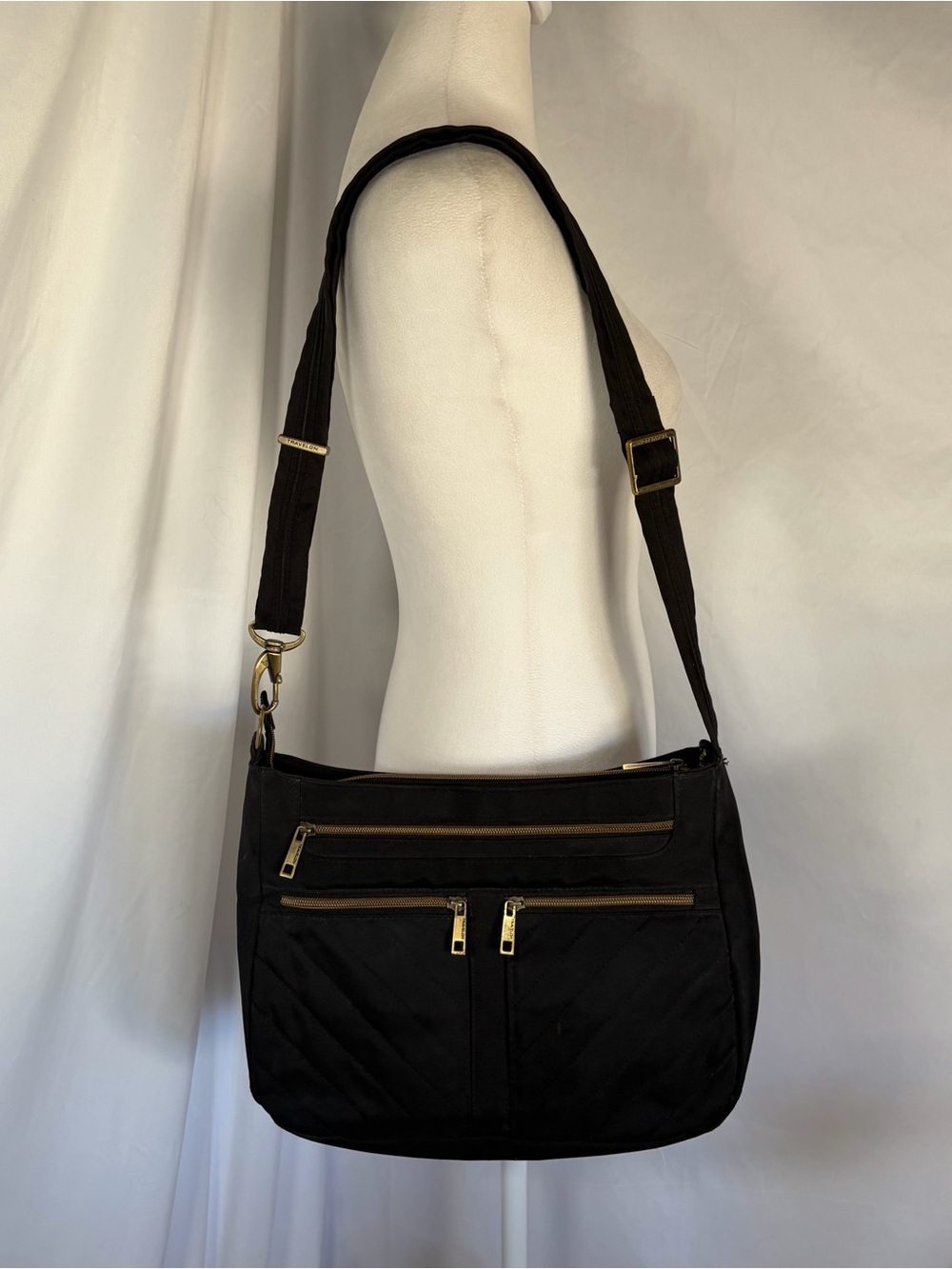 Travelon Black Quilted Shoulder/Crossbody Bag - Gold Hardware Adjustable Strap